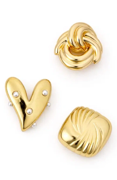 Panacea Set Of 3 Heart, Knot & Square Brooches In Gold