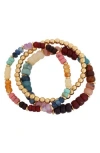 Panacea Set Of 3 Multicolor Stone Beaded Stretch Bracelets In Gold