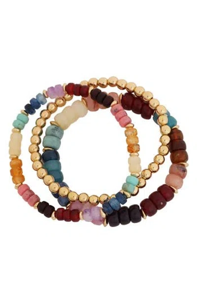 Panacea Set Of 3 Multicolor Stone Beaded Stretch Bracelets In Gold