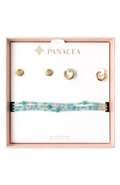 Panacea Shell Stud, Huggie Hoop Earrings & Beaded Stretch Bracelets Set In Gold
