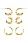 Panacea Twist 3-pack Assorted Hoop Earrings In Gold