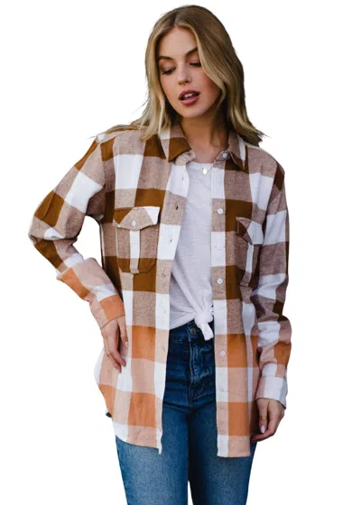 Panache Apparel Bleached Gradient Cotton Plaid Flannel Shacket In Brown Ivory In Multi