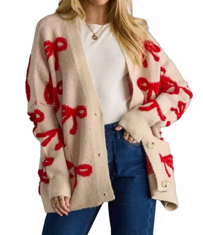Panache Apparel Bow Cardigan In Tan Red In Brown