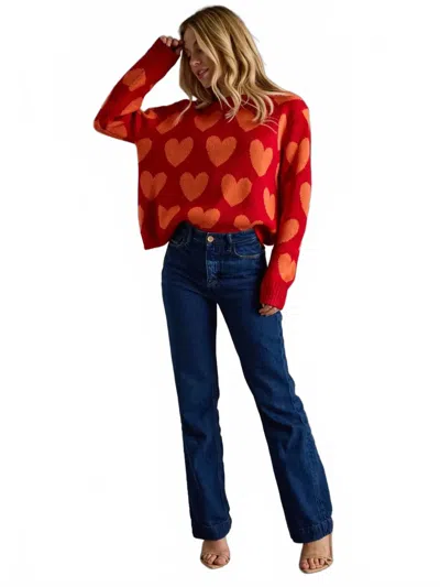 Panache Apparel Heart Knit Sweater In Red In Multi