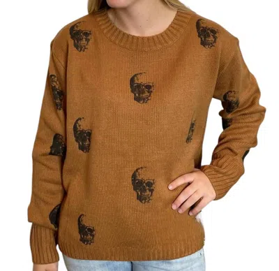 Panache Apparel Long Sleeve Sweater With Skulls In Camel In Brown
