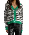 Panache Apparel Patterned Button Up Cardigan - Plus In Ivory/black/green In Multi