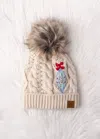 Panache Apparel Women's Cable Knit Pom With Embroidered Ornament Hat In Beige In Sand