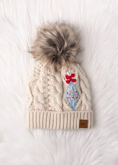 Panache Apparel Women's Cable Knit Pom With Embroidered Ornament Hat In Beige In Sand