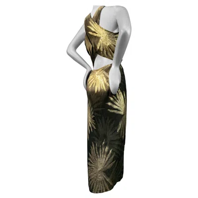 Pre-owned Pancaldi 1980s  Linen & Lame Criss-cross Open-back Halter Gown W/ Palm Leaf Motif In Black