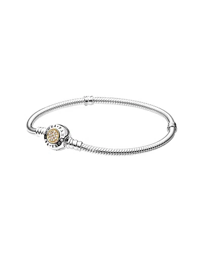 Pandora 14k & Silver Signature Clasp Cz Carrier Bracelet In Gold