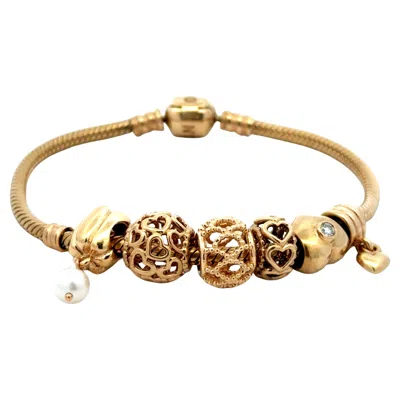 Pre-owned Pandora 14k Solid Yellow Gold 6 Charm Diamond Heart Bracelet