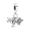 Pandora Airplane Globe & Suitcase Triple Dangle Rose Charm In Silver In Metallic