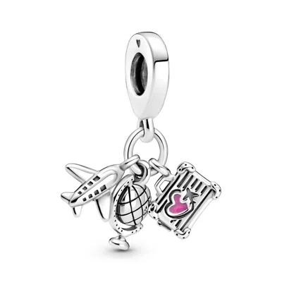 Pandora Airplane Globe & Suitcase Triple Dangle Rose Charm In Silver In Metallic