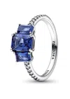 Pandora Blue Rectangular Three Stone Sparkling Ring In Blue