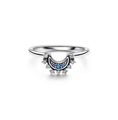 Pandora Cubic Zirconia Moments Celestial Blue Sparkling Moon Ring In Silver