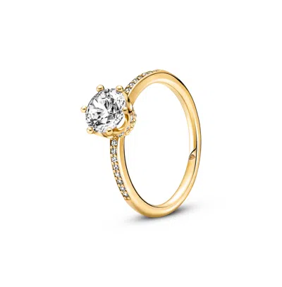 Pandora Cubic Zirconia Moments Clear Sparkling Crown Solitaire Ring In Gold