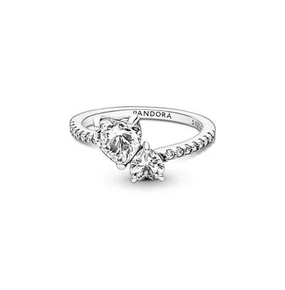 Pandora Cubic Zirconia Timeless Double Heart Sparkling Ring In Silver