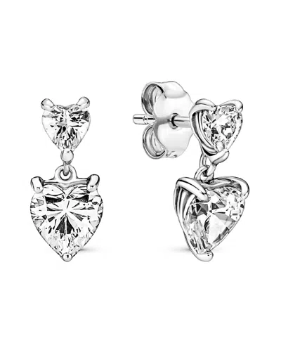 Pandora Double Heart Sparkling Stud Earrings In Silver