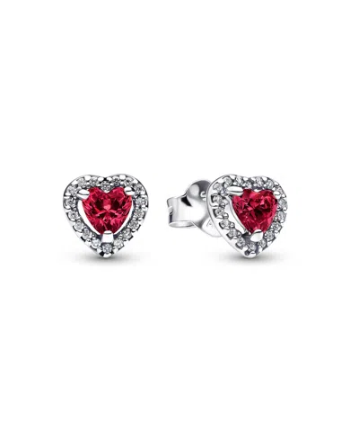 Pandora Elevated Red Heart Stud Earrings In Silver
