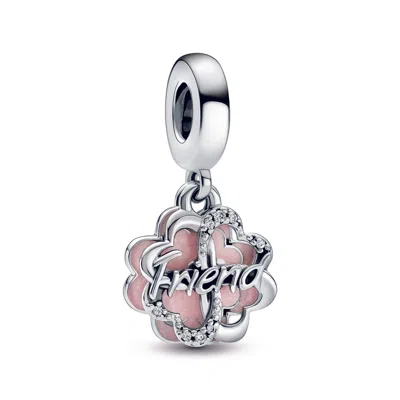 Pandora Four Leaf Clover Friendship Dangle Charm In Silver In Pink