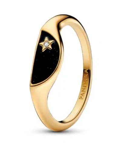 PANDORA HALVED ENAMEL SIGNET WITH CLEAR CUBIC ZIRCONIA STONES RING