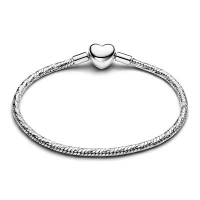 Pandora Heart Clasp Faceted Snake Chain Bracelet In Silver