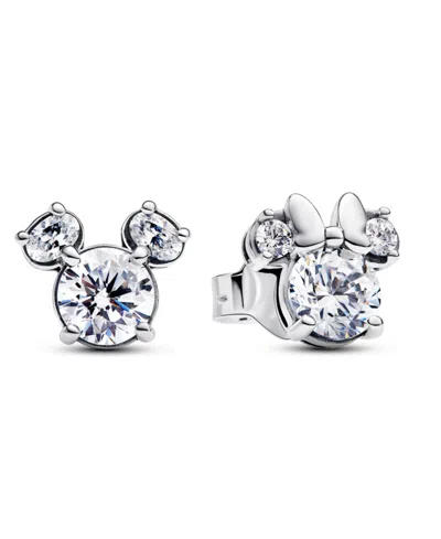 Pandora Mickey Mouse Minnie Mouse Sparkling Stud Earrings In Silver