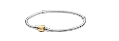 Pandora Moments 14k Gold Two-tone Barrel Clasp Snake Chain Bracelet In Silver