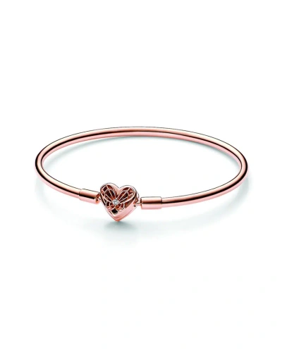 Pandora Moments 14k Rose Gold Plated Cz Heart & Butterfly Bangle Bracelet In Pink