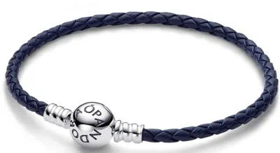Pandora Moments Collection Mod. Round Clasp Blue Braided Leather Bracelet Gwwt1