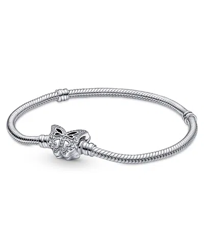 Pandora Moments Cubic Zirconia Butterfly Clasp Snake Chain Bracelet In Silver