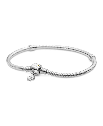 Pandora Moments Cubic Zirconia Daisy Flower Clasp Snake Chain Bracelet In Silver