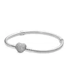 Pandora Moments Cubic Zirconia Pave Heart Clasp Snake Chain Bracelet In Silver