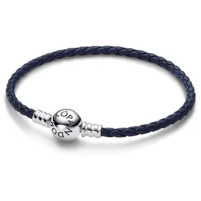 Pandora Moments Round Clasp Blue Braided Leather Bracelet