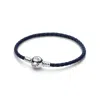 Pandora Moments Round Clasp Blue Braided Leather Bracelet In Sterling Silver