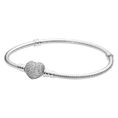 Pandora Moments Sparkling Heart Clasp Snake Chain Bracelet In Brown