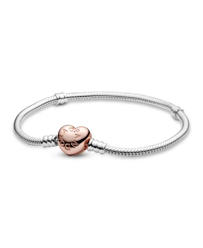 Pandora Moments Sterling Silver And 14k Rose Gold-plated Heart Clasp Snake Chain Bracelet In Metallic
