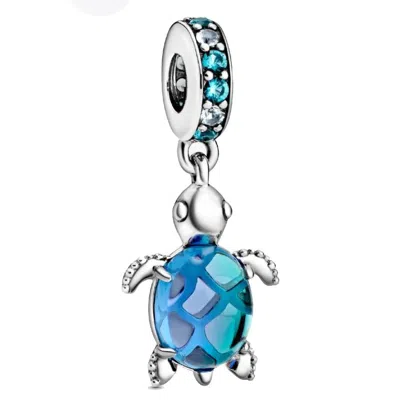 Pandora Murano Glass Sea Turtle Sterling Silver Dangle Charm In Blue