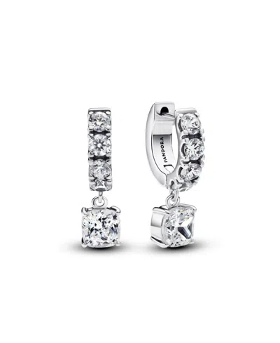 Pandora Panodra Sterling Silver Pave Dangle Hoop Earrings