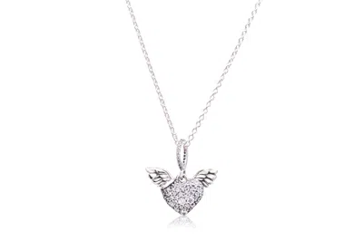 Pandora Pave Heart And Angel Wings Necklace In Metallic
