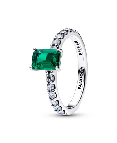 Pandora Rectangular Sparkling Green Halo Ring In Multi
