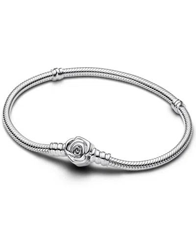 Pandora Rose Bloom Clasp Snake Chain Bracelet In Sterling Silver