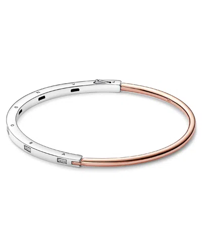 Pandora Signature 14k Rose Gold-plated And Sterling Silver Two-tone I-d Pave Bangle Bracelet In Mixed