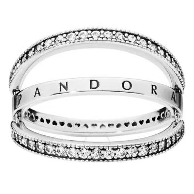 Pandora Signature Logo And Hearts Sterling Silver Ring In Silver Tone
