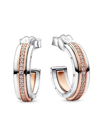 Pandora Signature Two Tone Logo And Pave Hoop Earrings