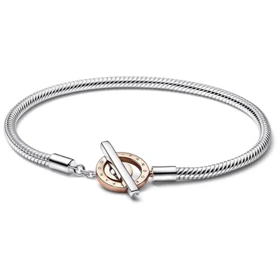 Pandora Signature Two-tone Logo T-bar Snake Chain Bracelet In Silver