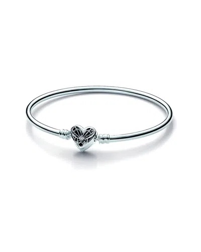 Pandora Silver Cz Heart & Butterfly Bangle Bracelet In Metallic