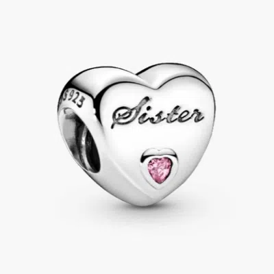 Pandora Sister Heart Silver Charm With Pink Cubic Zirconia In Metallic