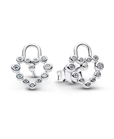 Pandora Sparkling Heart Padlock Stud Earrings In Silver