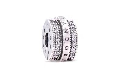 Pandora Sparkling Pave Lines & Logo Clip Charm In Silver